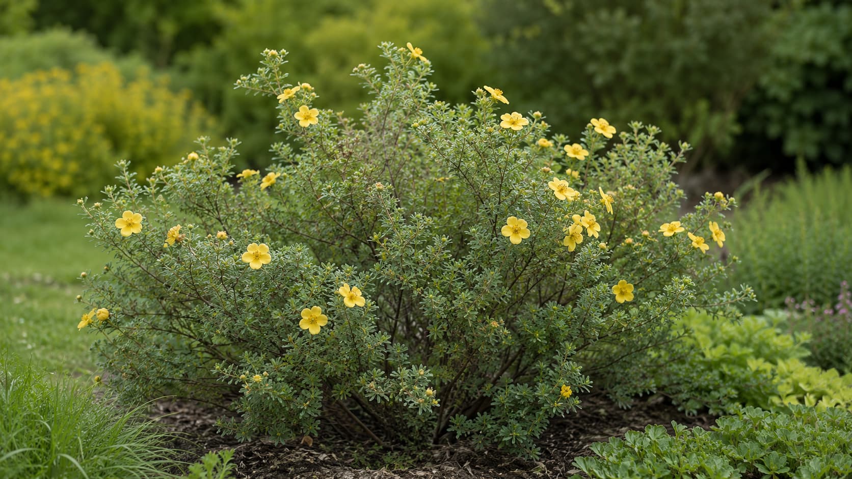 Illustration of a mature yellow potentilla shrub with sparse five-petaled flowers and blue-green foliage in a natural garden.