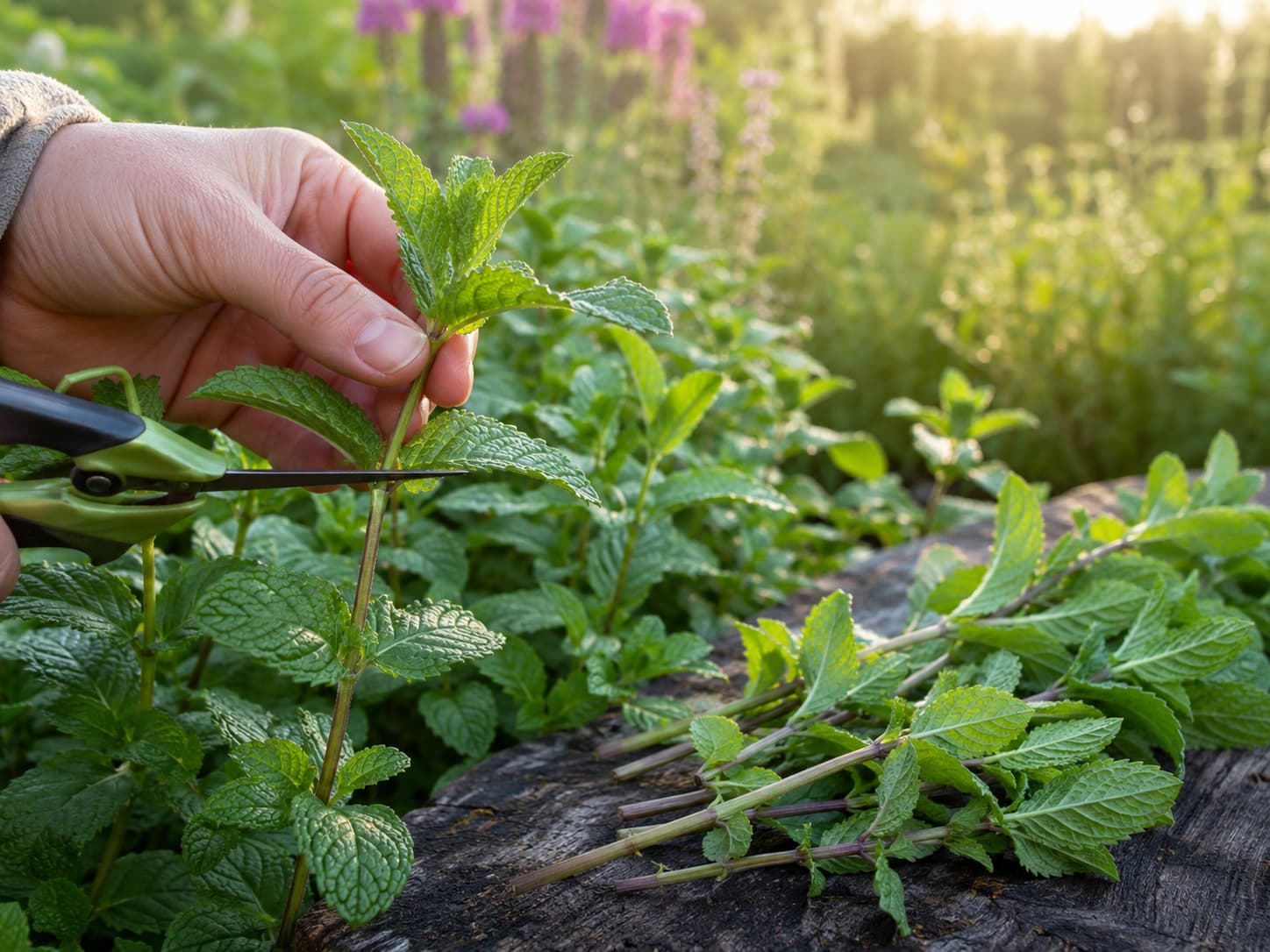 Illustration of mint stems being harvested above a leaf node in the morning with fresh cuttings nearby.