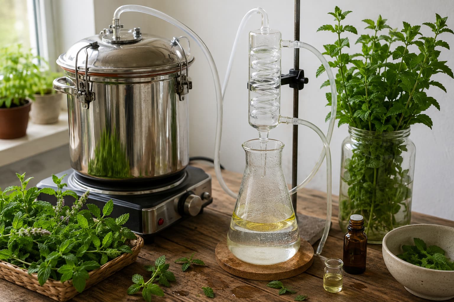 Illustration of a tabletop mint steam distillation setup producing essential oil and fragrant hydrosol.