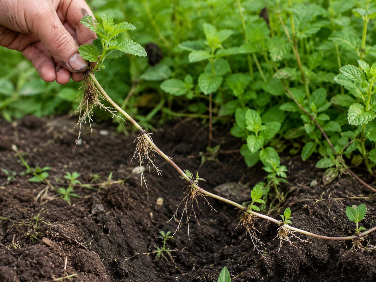 Illustration of a gardener lifting a long mint runner from soil with roots forming at several nodes.