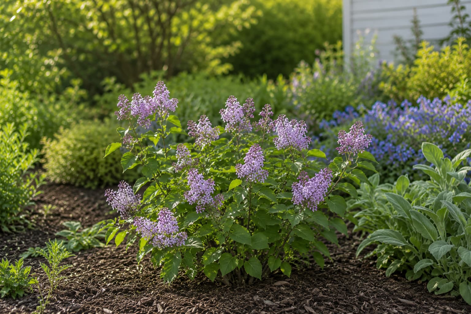Illustration of a compact Miss Kim lilac covered with pale lavender flower panicles in a sunny garden border.