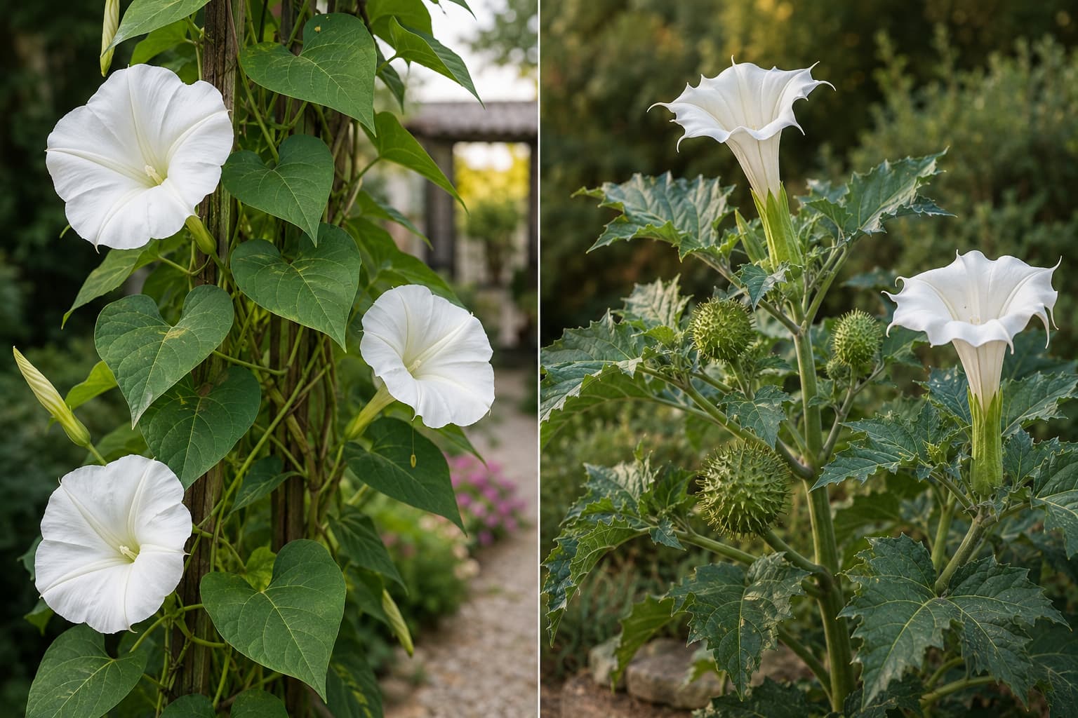 Illustration comparing a climbing moonflower vine with heart-shaped leaves and an upright Datura plant with jagged leaves and spiky seed pods.