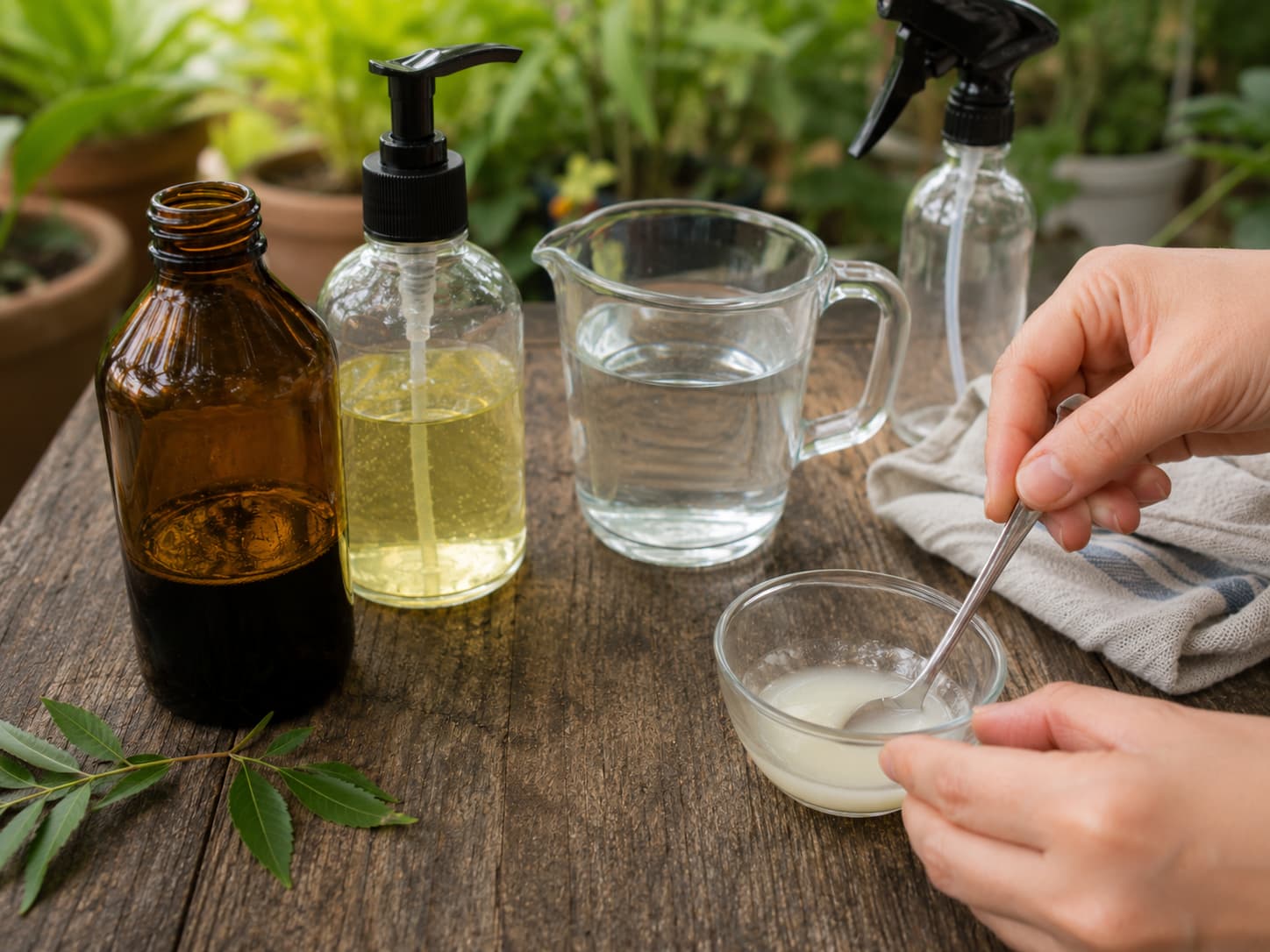 Illustration of neem oil and mild liquid soap being mixed into a uniform milky emulsion before dilution.