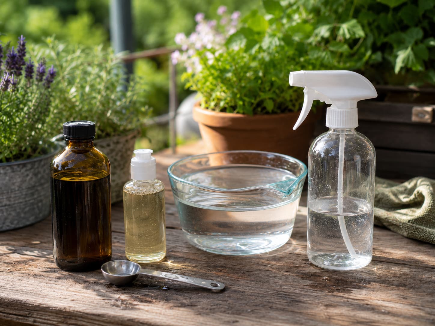Illustration of cold-pressed neem oil, mild soap, warm water, measuring spoon, and spray bottle on a wooden table.