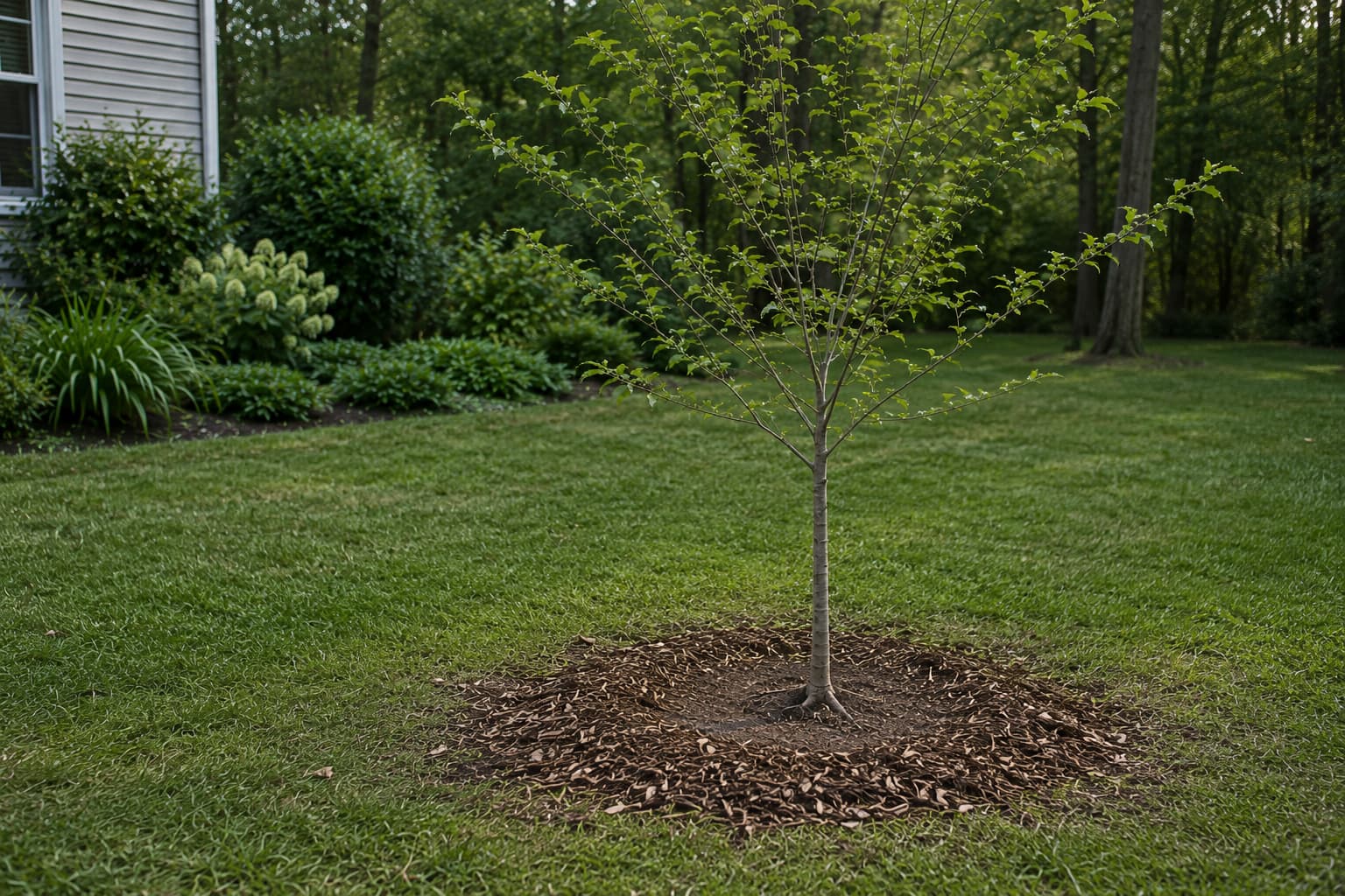 Illustration of a newly planted dogwood with visible root flare and a wide, shallow mulch ring.