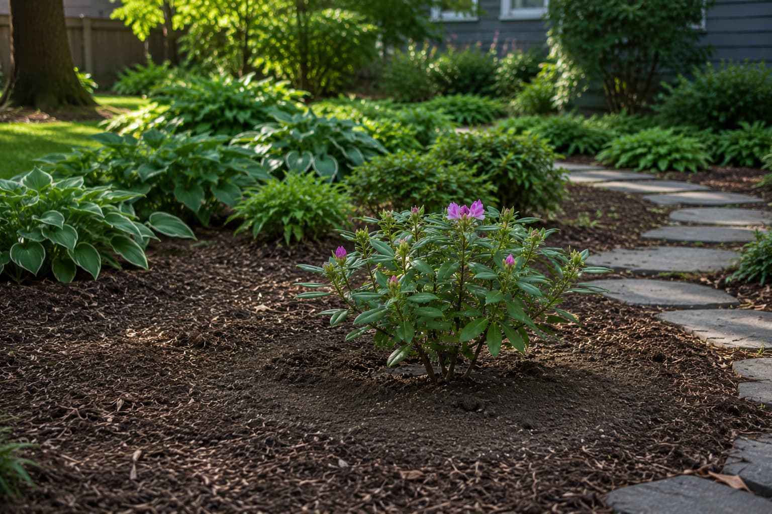 Illustration of a newly planted rhododendron with its root ball slightly above grade and mulch pulled back.