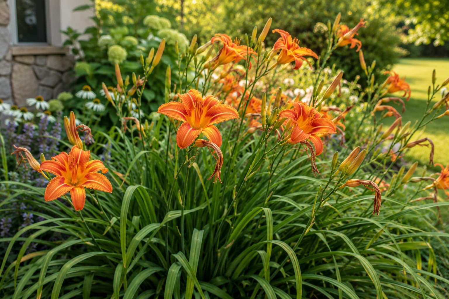 Illustration of orange daylilies blooming in a summer garden bed with fresh buds, spent flowers, and arching green foliage.
