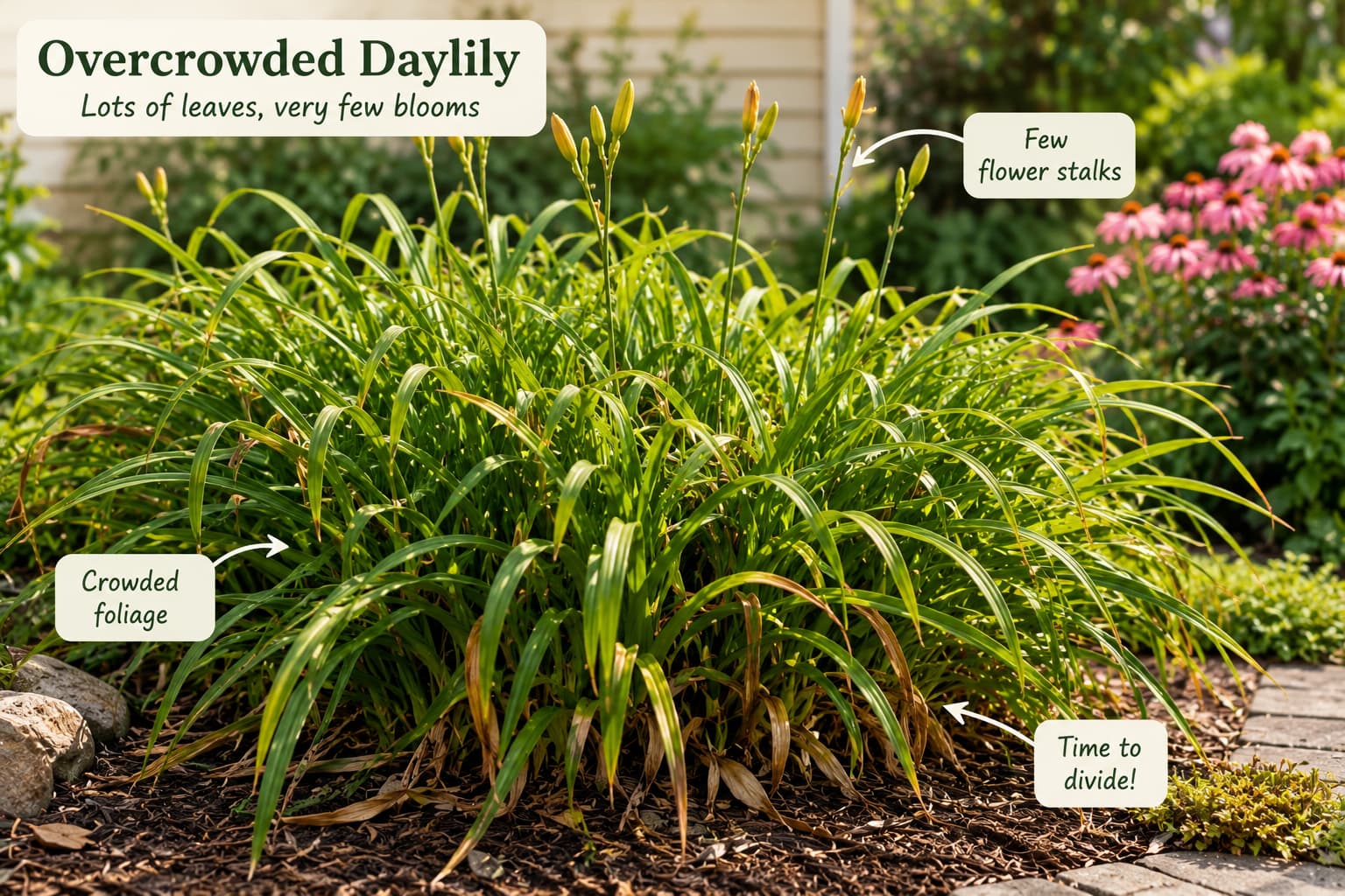 Illustration of an overcrowded daylily clump producing dense leaves but very few flower stalks.