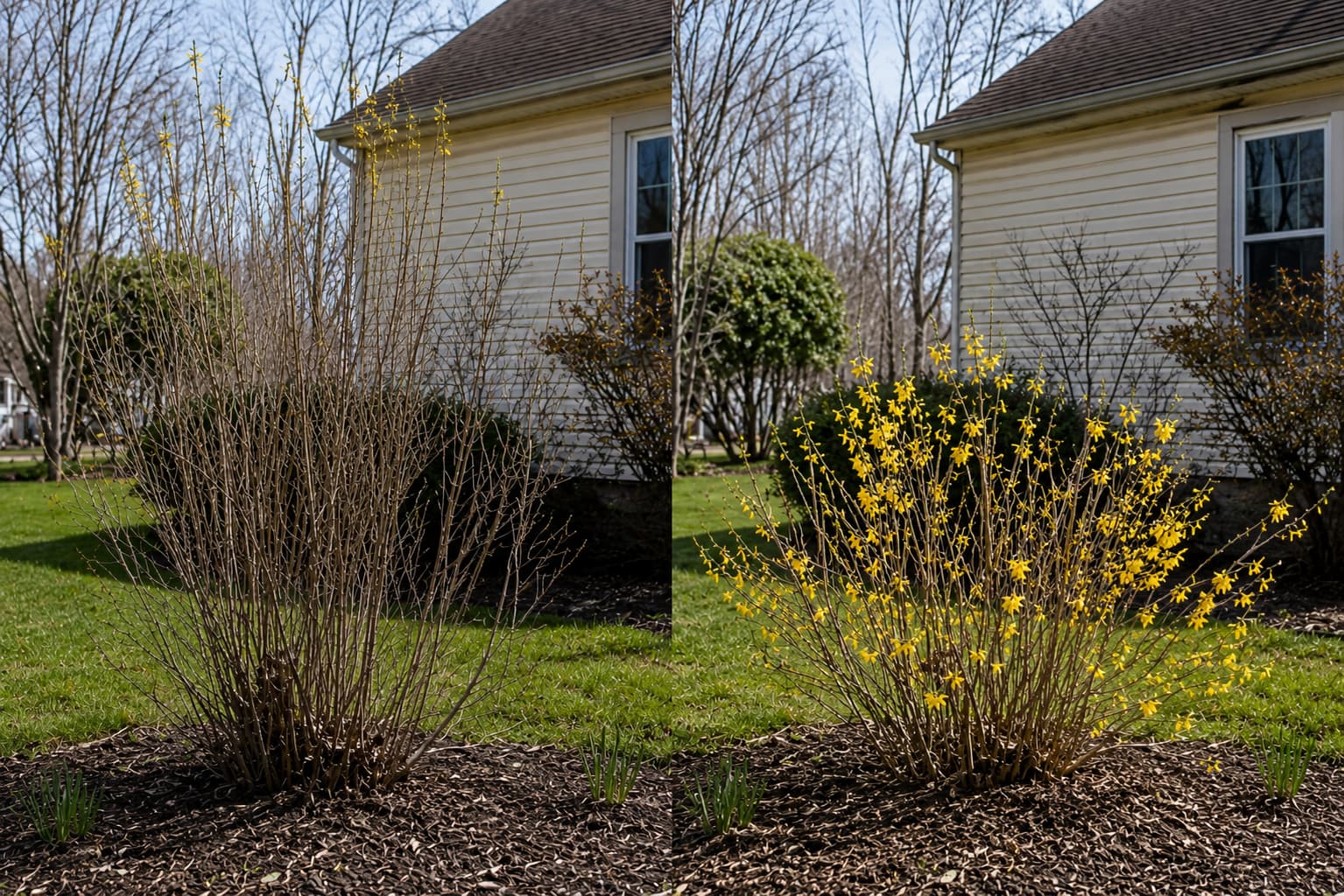 Illustration comparing an overgrown forsythia with sparse upper blooms and the same shrub after staged rejuvenation pruning.
