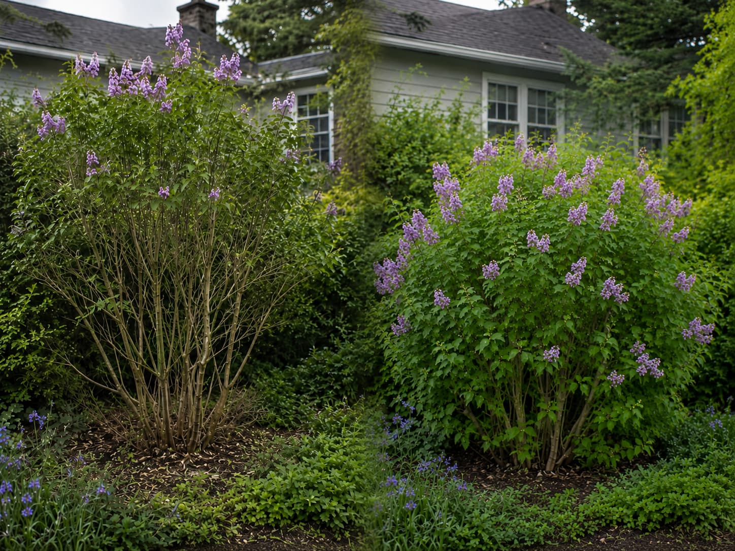Illustration comparing an overgrown lilac with bare lower stems and the same shrub after staged rejuvenation pruning.