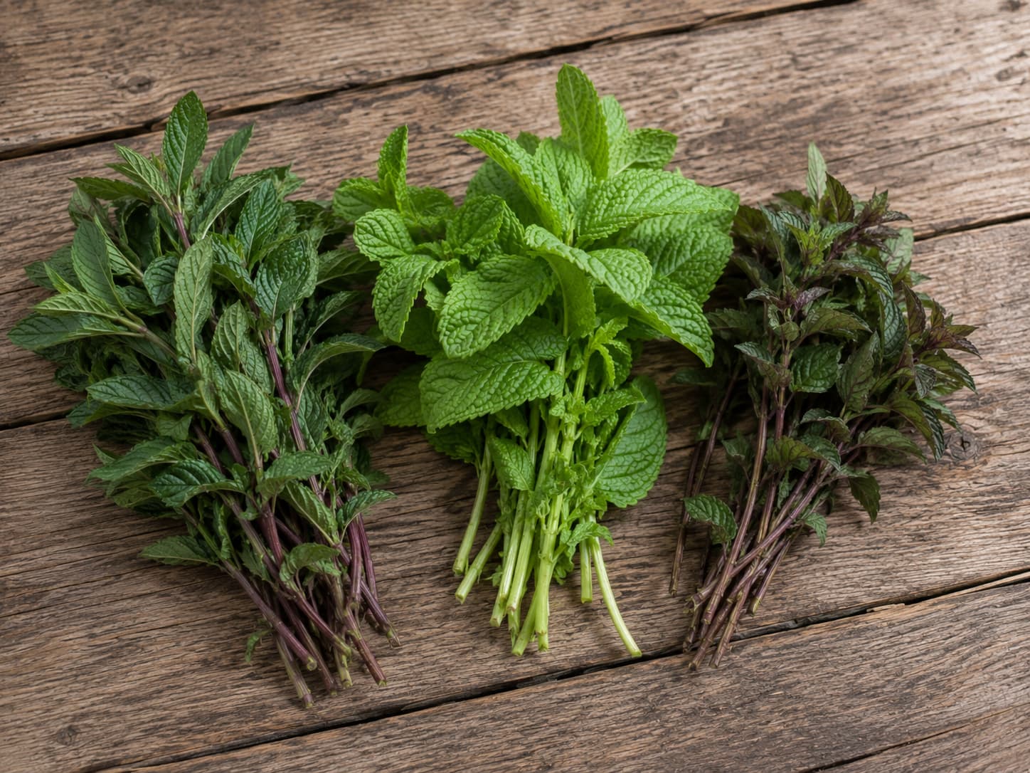 Illustration of peppermint, spearmint, and chocolate mint bunches arranged side by side on a wooden table.