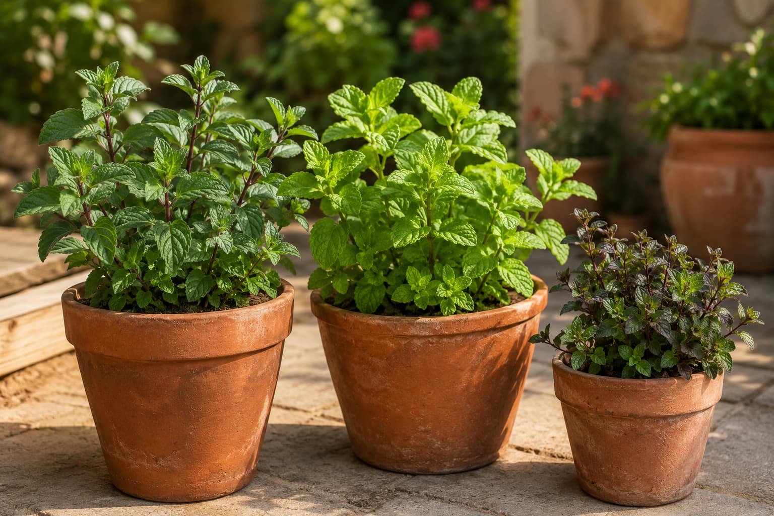 Illustration of peppermint, spearmint, and chocolate mint growing separately in terracotta patio containers.
