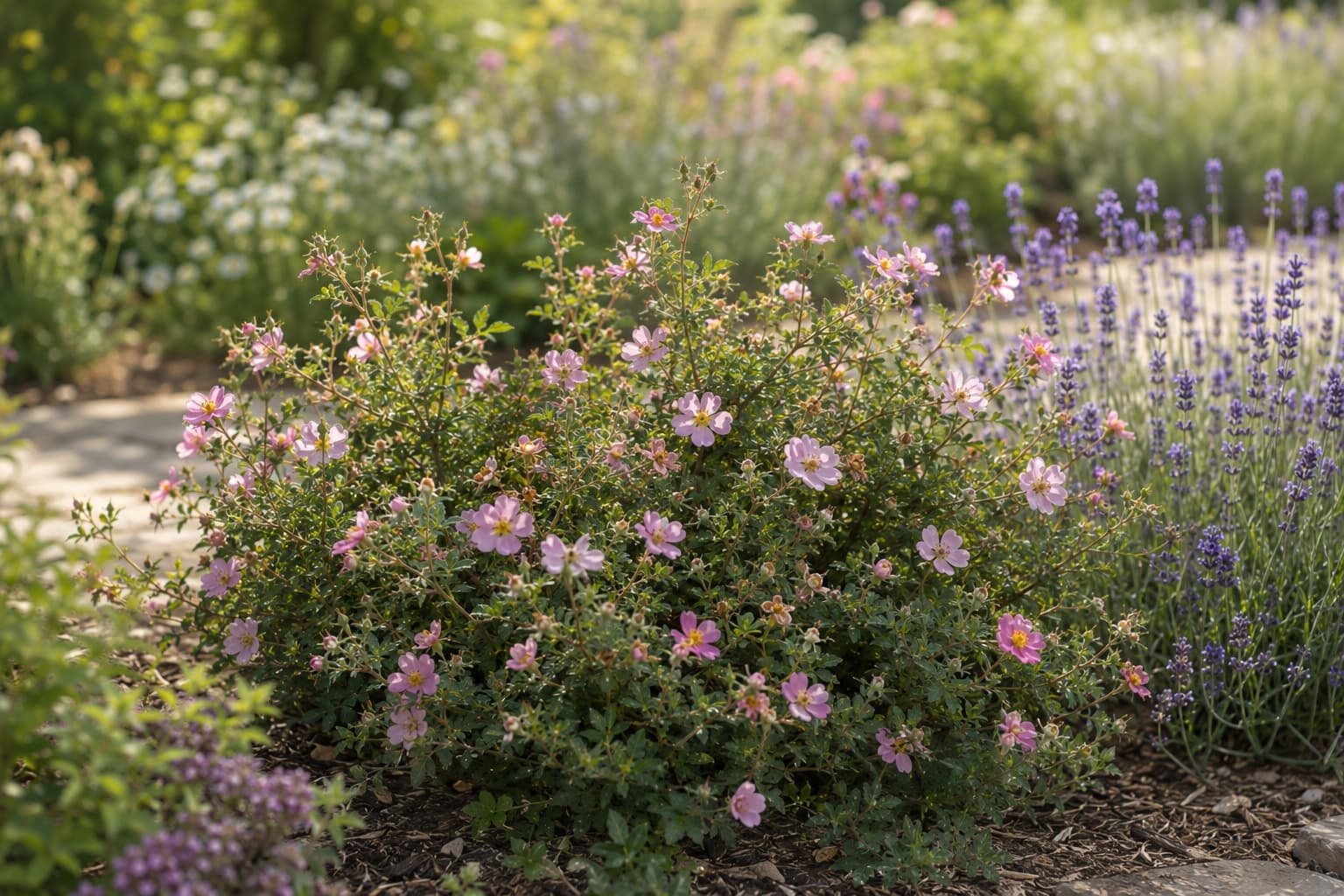 Illustration of Pink Beauty potentilla with soft pink flowers growing beside lavender in a sunny mixed border.
