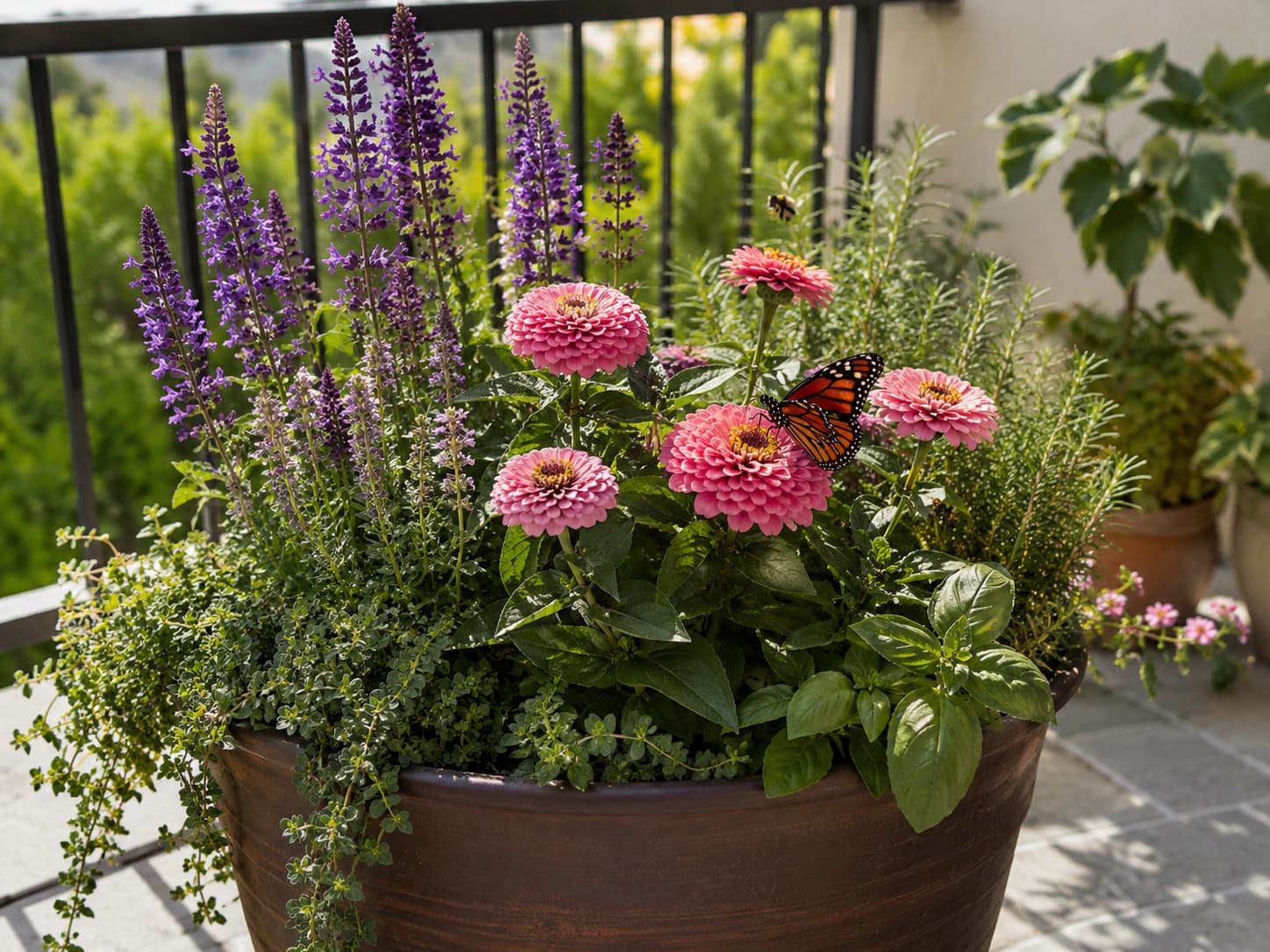 Illustration of a pollinator patio planter with zinnias, salvia, and herbs