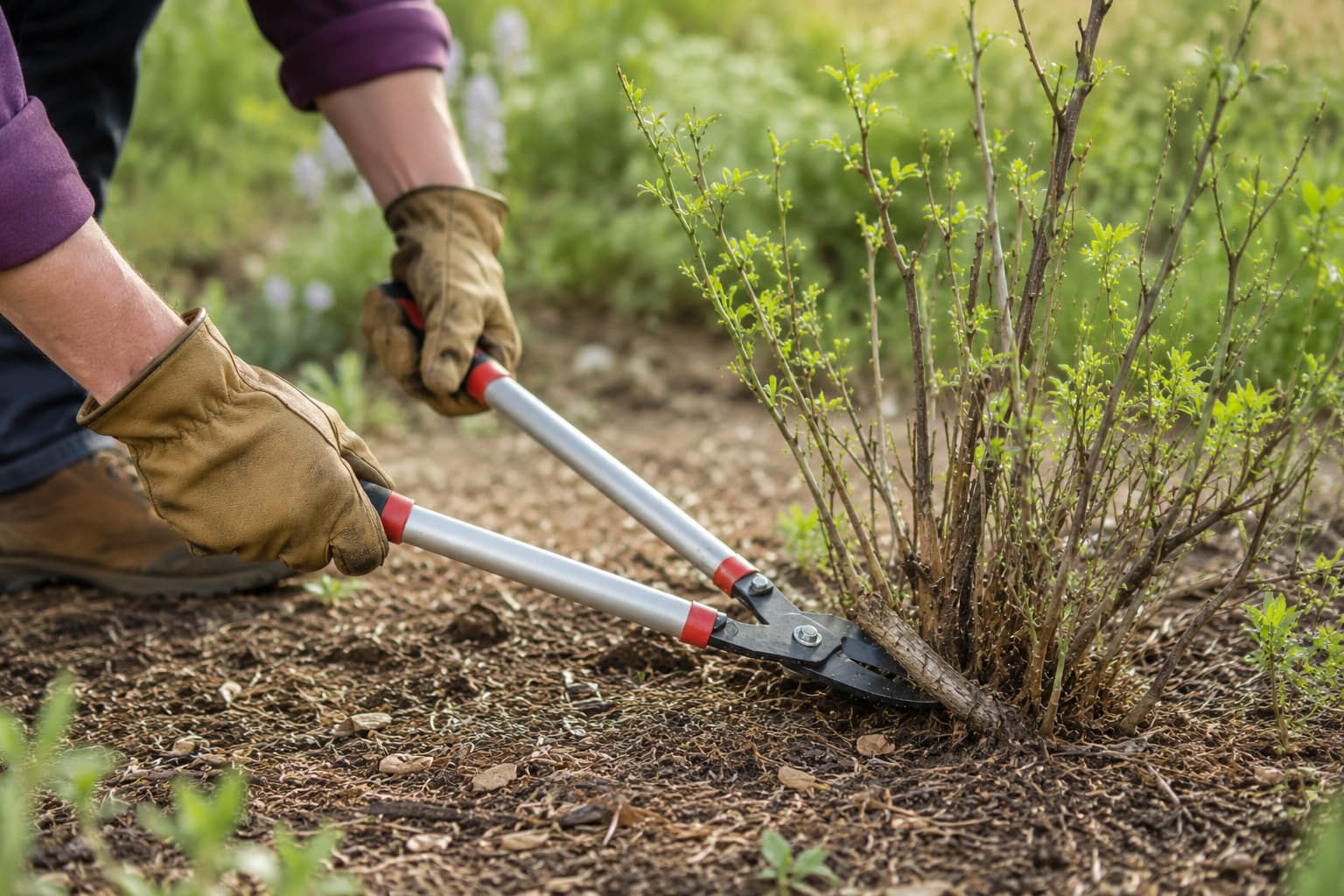 Illustration of a gardener removing an old woody potentilla stem at ground level with long-handled loppers.