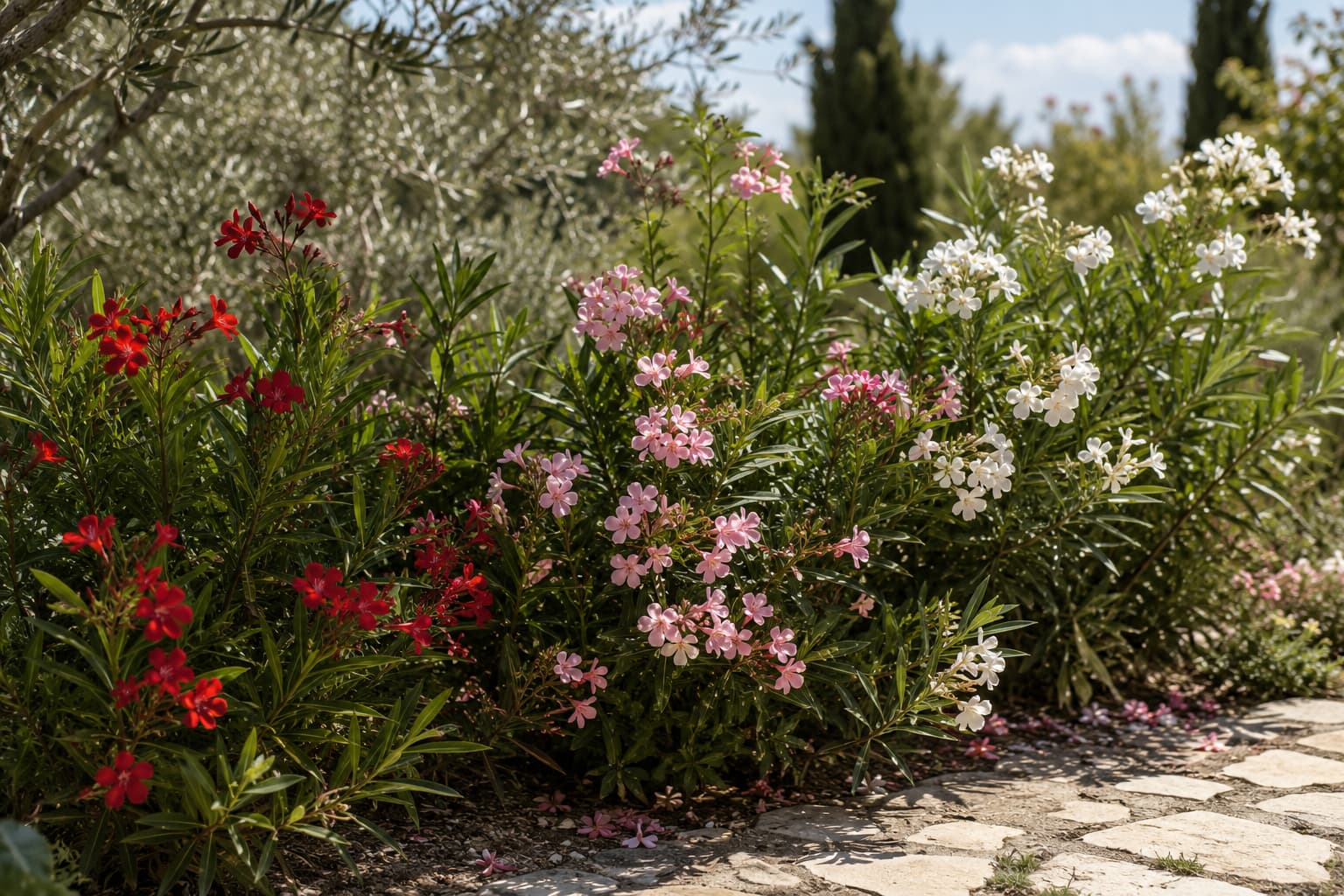 Illustration of red, pink, and white oleander varieties flowering side by side in a sunny garden bed.