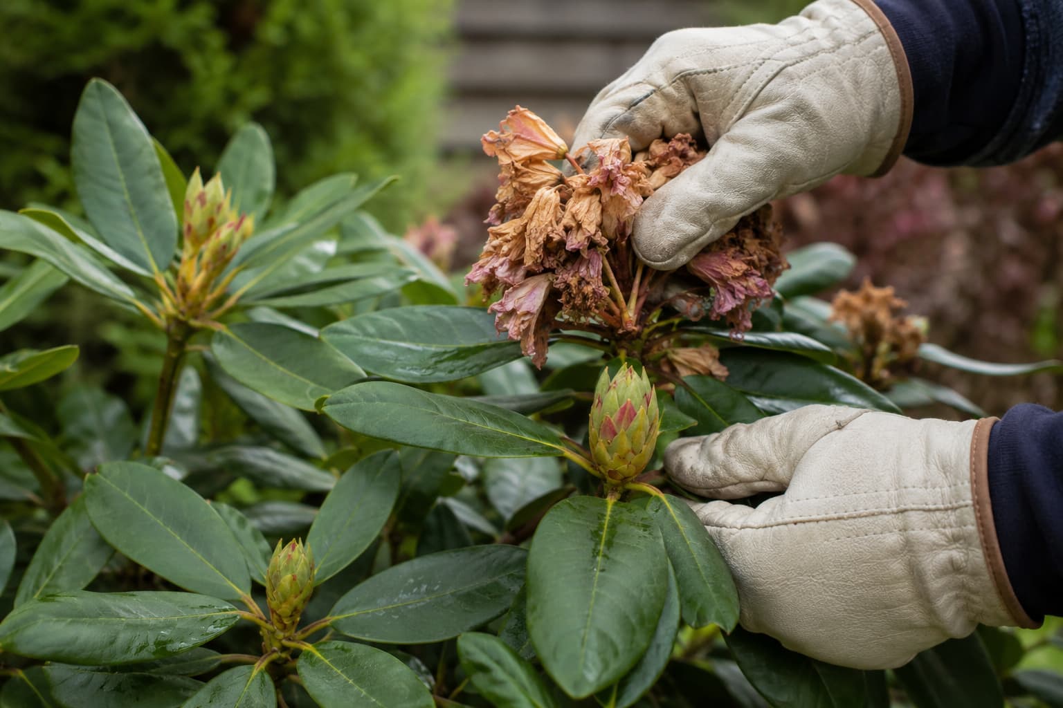 Illustration of a gardener removing a faded rhododendron flower truss while protecting the fresh buds below.