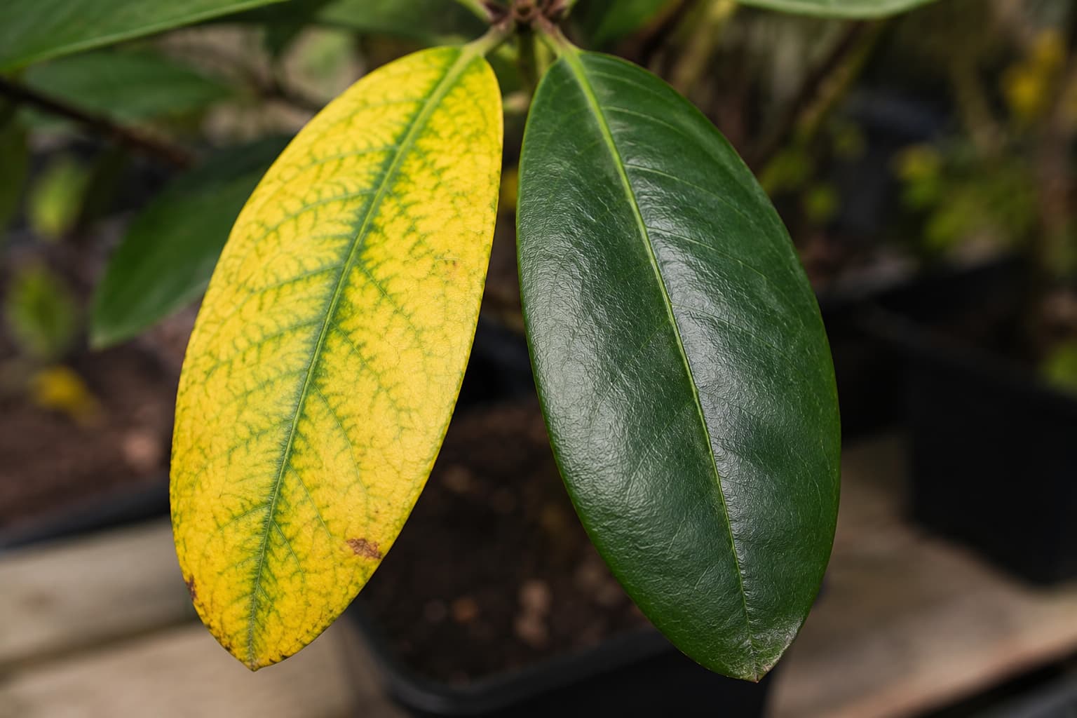 Illustration of yellow rhododendron foliage with green veins beside a healthy dark green leaf for comparison.