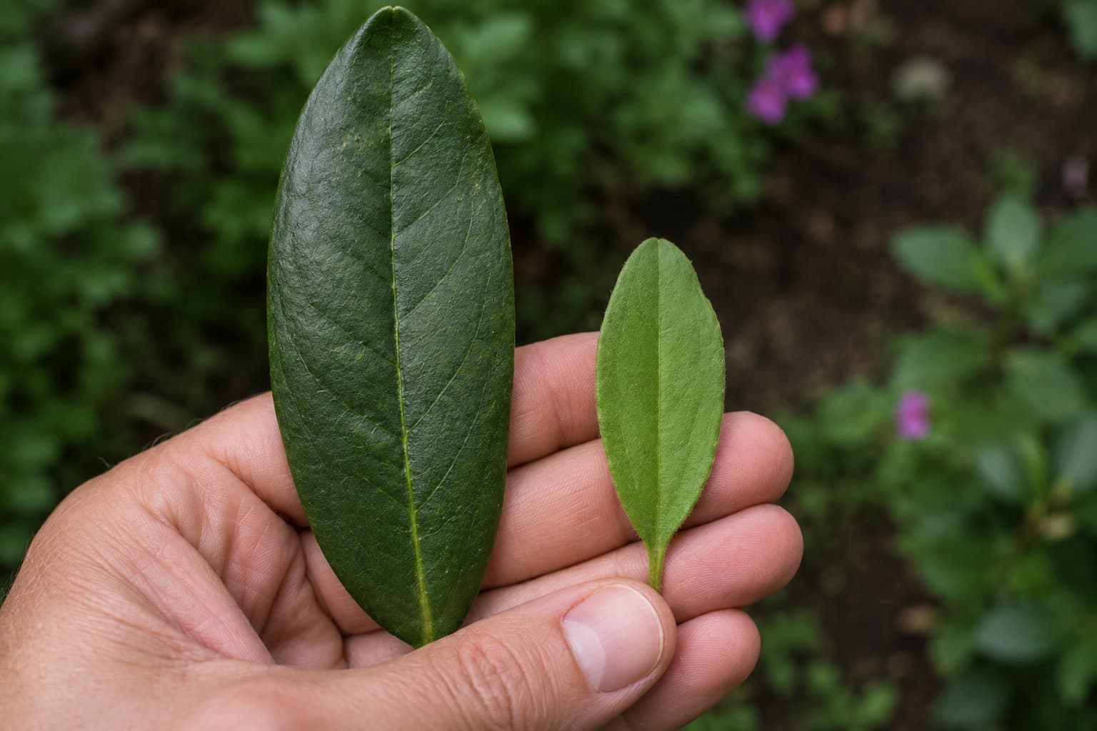 Illustration comparing a large leathery rhododendron leaf with a smaller, thinner azalea leaf held for scale.