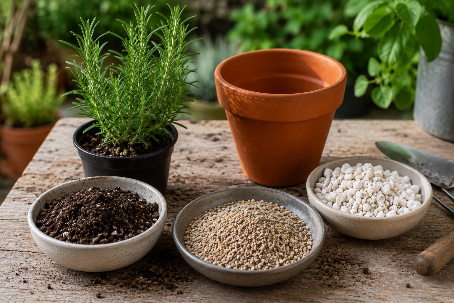 Illustration of potting soil, coarse sand, and perlite beside a terracotta pot and young rosemary plant.