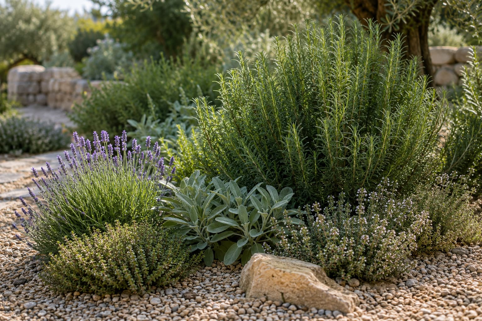 Illustration of rosemary, lavender, sage, and thyme sharing a sunny gravel-mulched Mediterranean herb bed.
