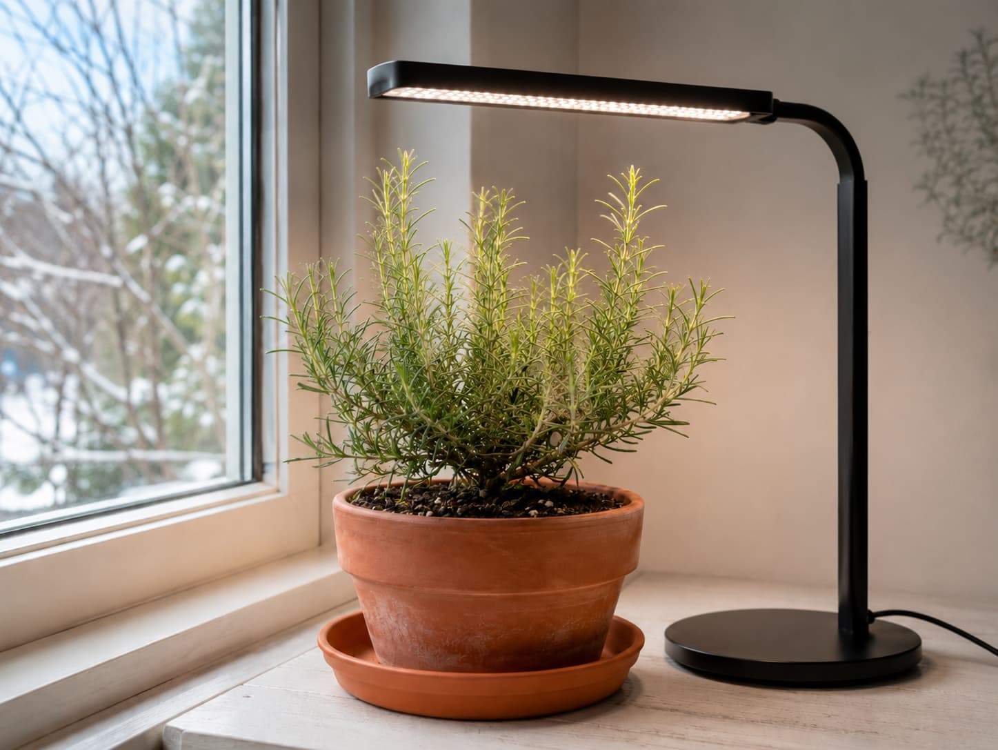 Illustration of potted rosemary overwintering beside a bright cool window under a supplemental LED grow light.