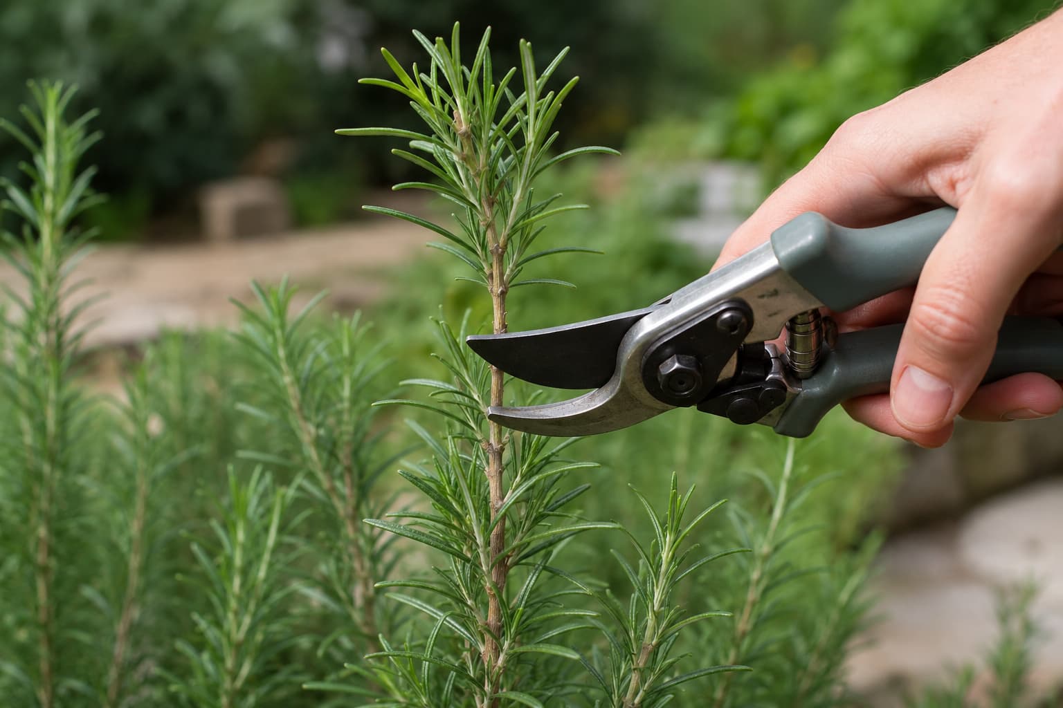 Illustration of bypass pruners cutting a rosemary stem above green leaves while leaving living growth below.
