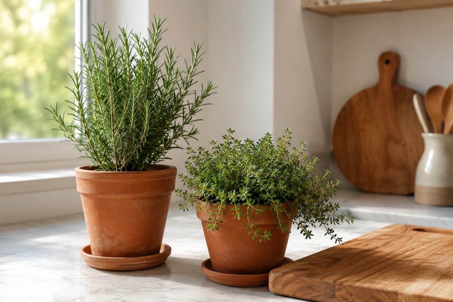 Illustration of potted rosemary and thyme growing beside a wooden cutting board on a bright kitchen counter.