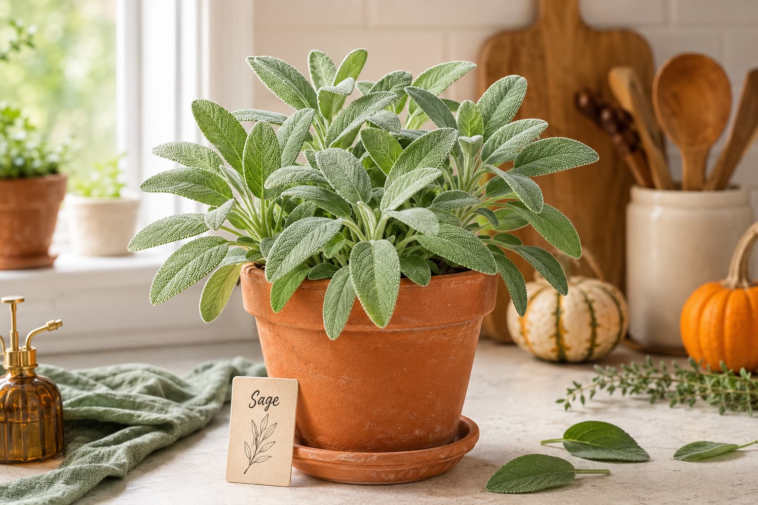 Illustration of a healthy sage plant with soft gray-green leaves growing in a terracotta pot on a kitchen counter.