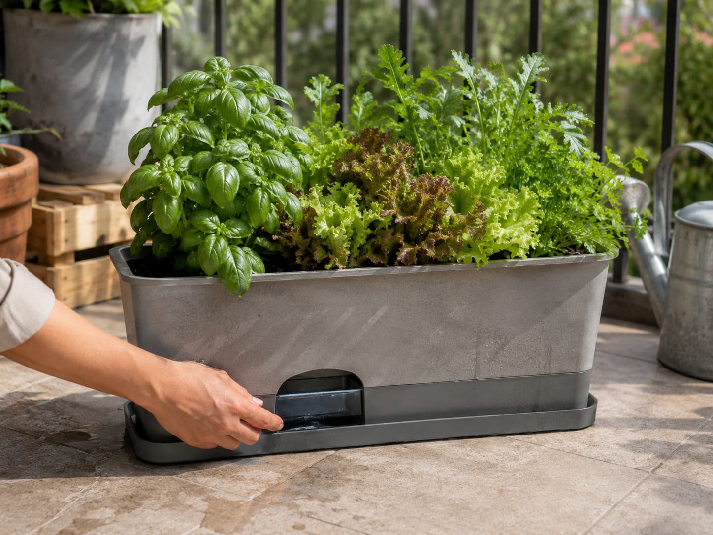 Illustration of a self-watering herb container with basil and leafy greens on a patio