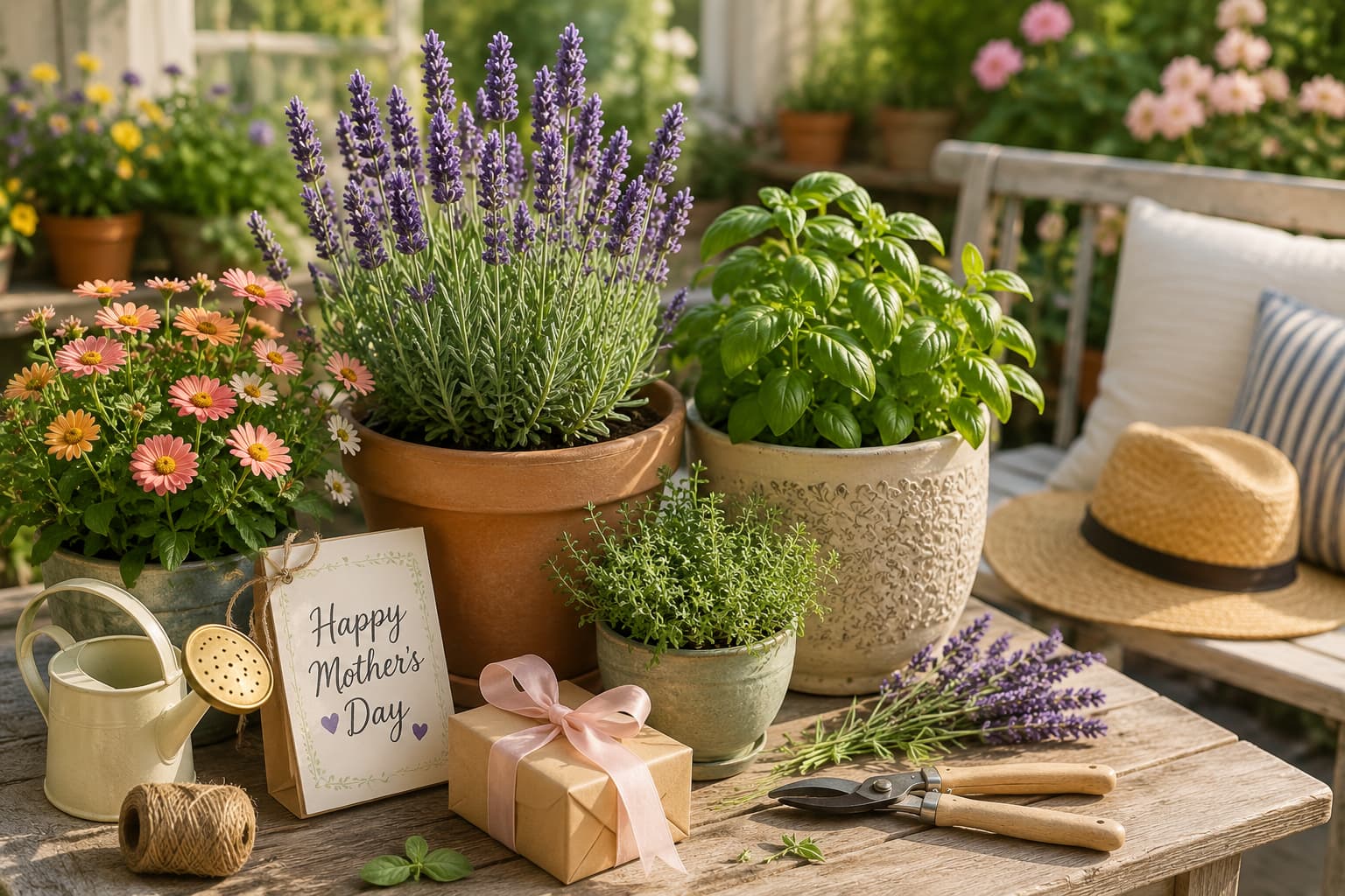 Illustration of a small patio garden gift with lavender, herbs, and summer flowers