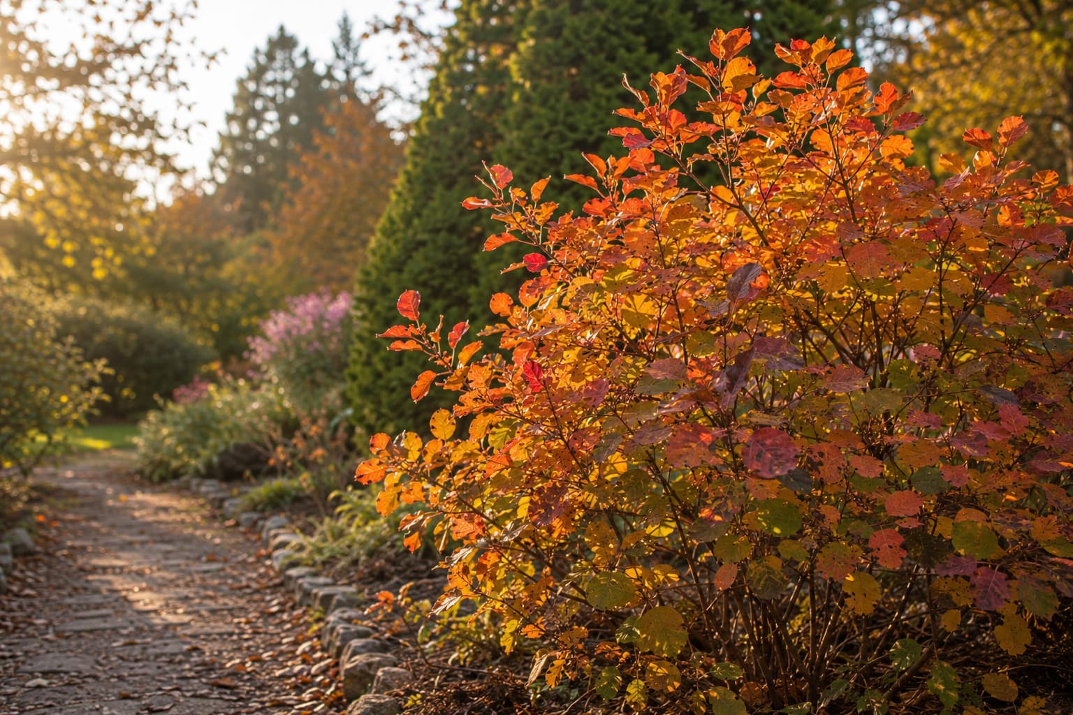 Illustration of a smoke bush glowing with orange-red autumn foliage in warm low-angle sunlight beside a garden path.