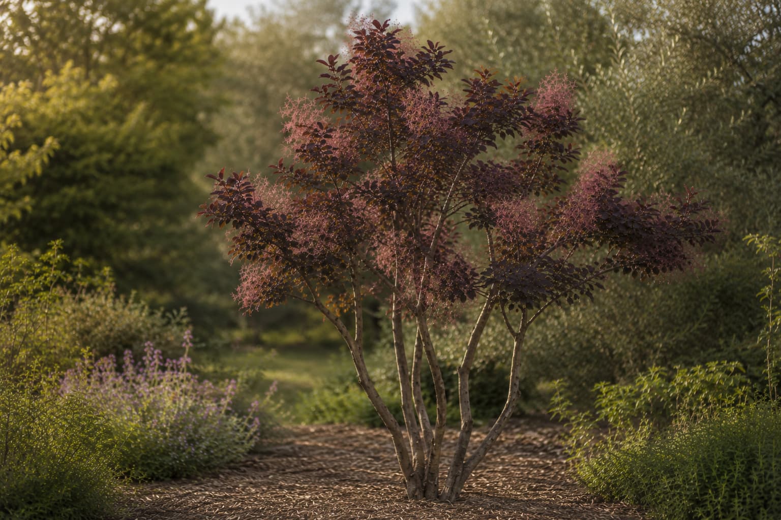 Illustration of a smoke bush trained as a small multi-trunk tree with an airy plume-filled canopy.