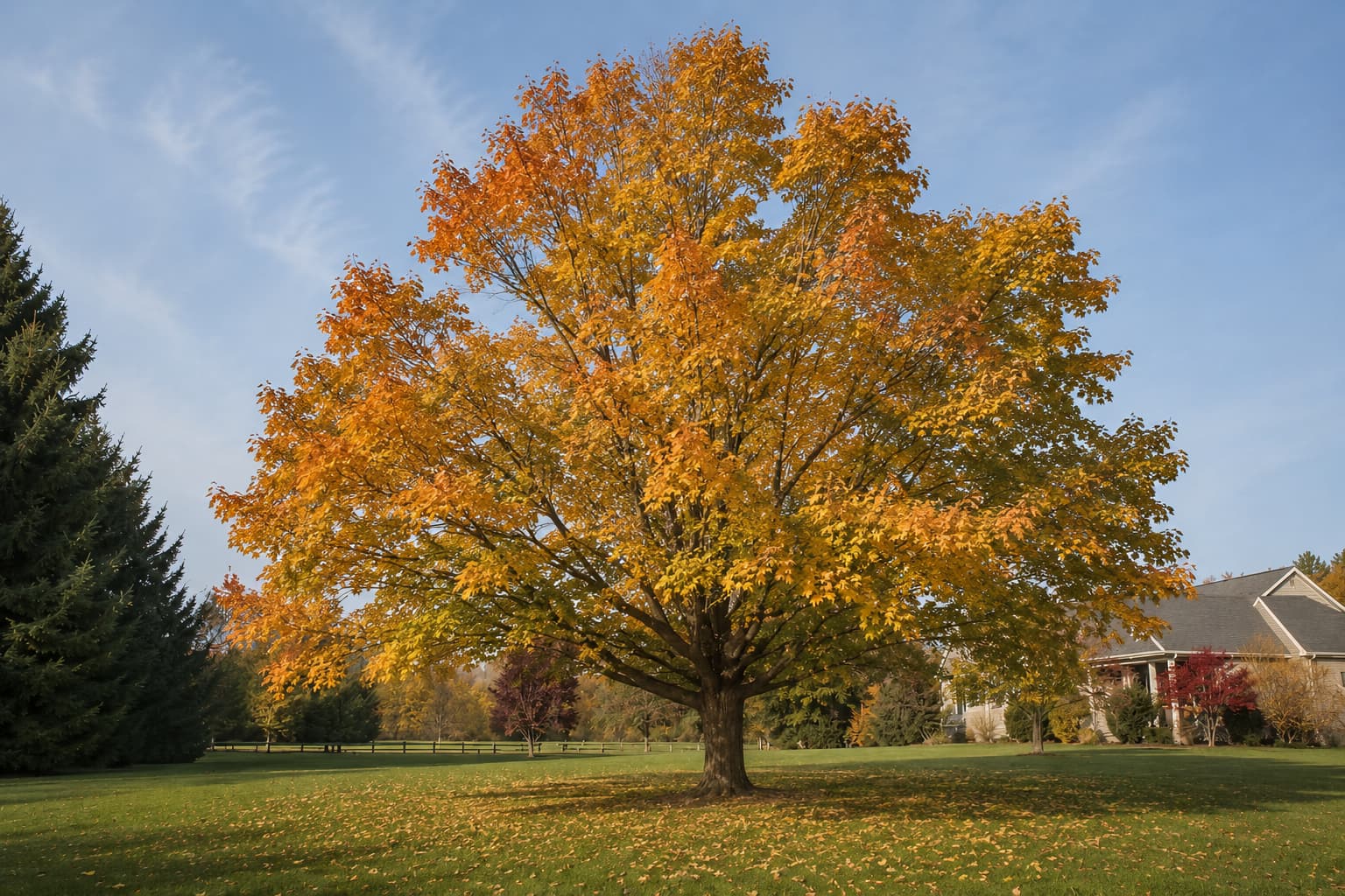 Illustration of a mature sugar maple glowing orange and gold above a lawn beneath a clear autumn sky.