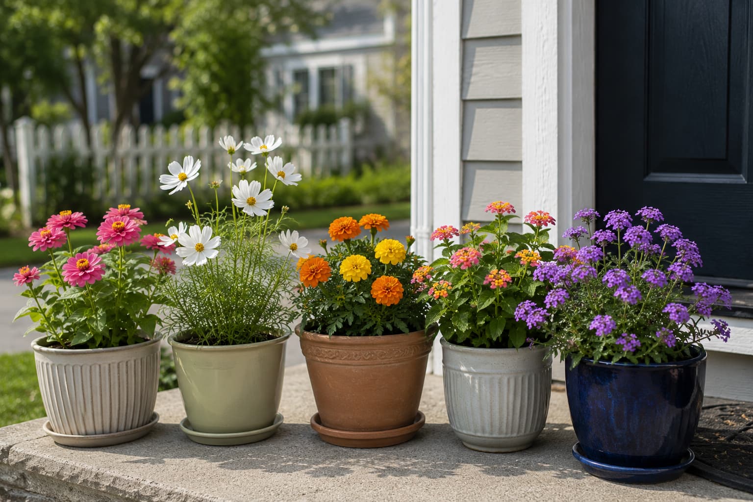 Illustration of a sunny summer container garden with zinnias, cosmos, marigolds, lantana, and verbena
