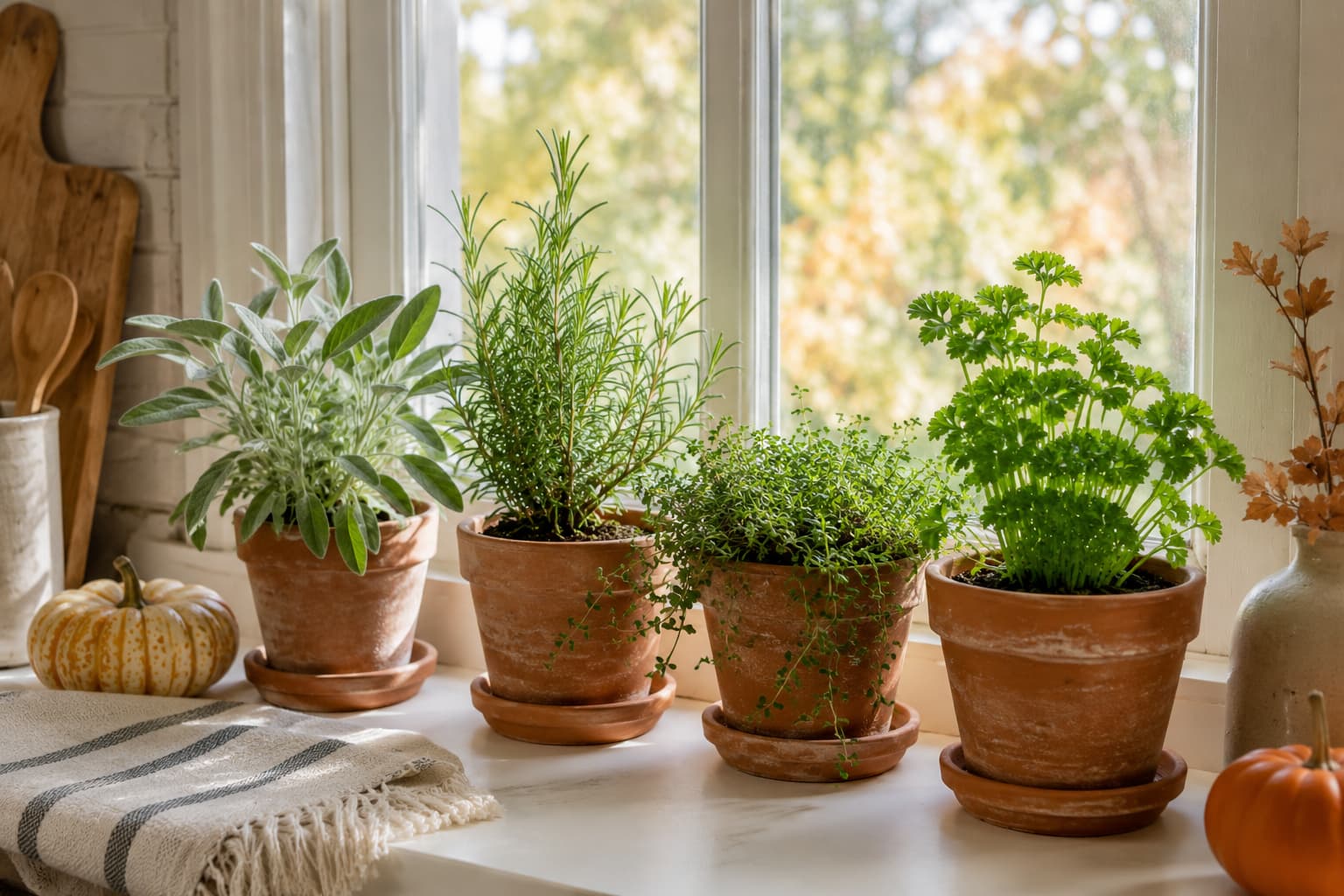 Illustration of sage, rosemary, thyme, and parsley in terracotta pots on a bright kitchen windowsill with simple fall decor.