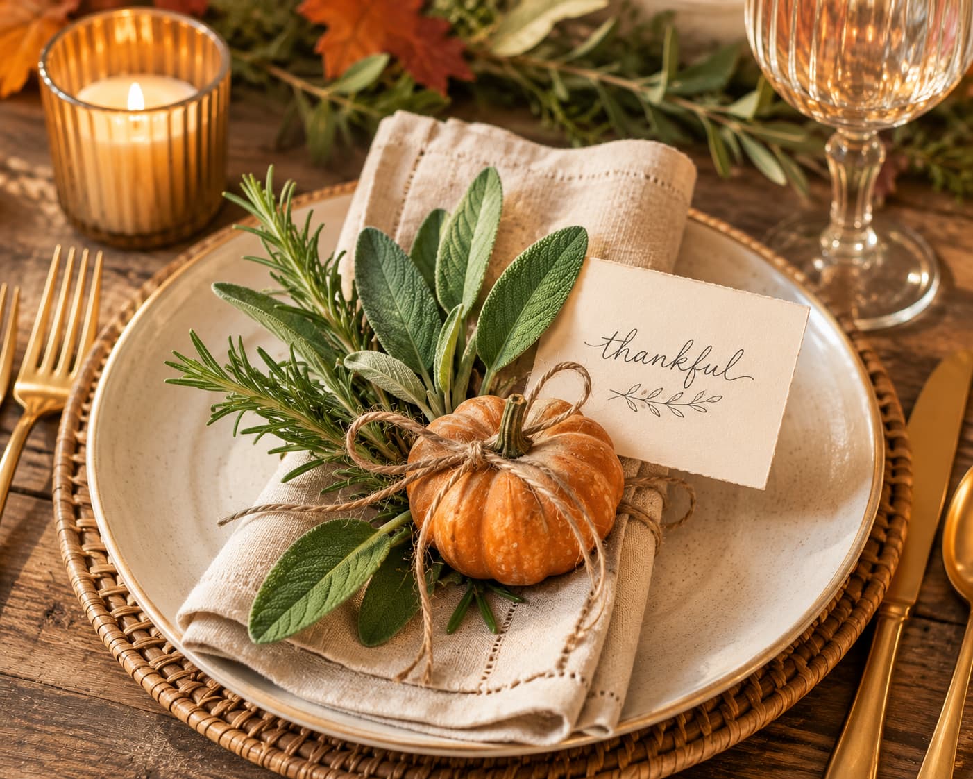 Illustration of a Thanksgiving place setting with rosemary, sage, a mini pumpkin, and a simple handwritten place card.