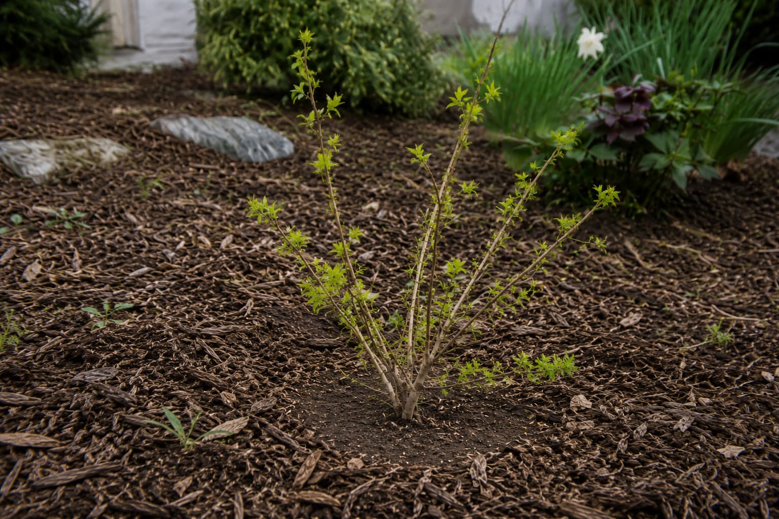 Illustration of a young forsythia planted at soil level with loose mulch kept clear of its stems.