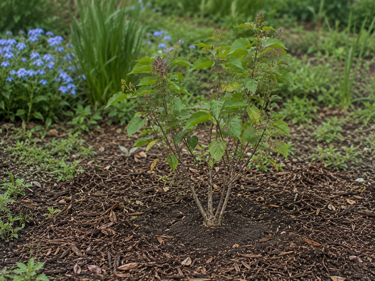 Illustration of a young lilac planted with its root flare visible and mulch kept clear of the stems.