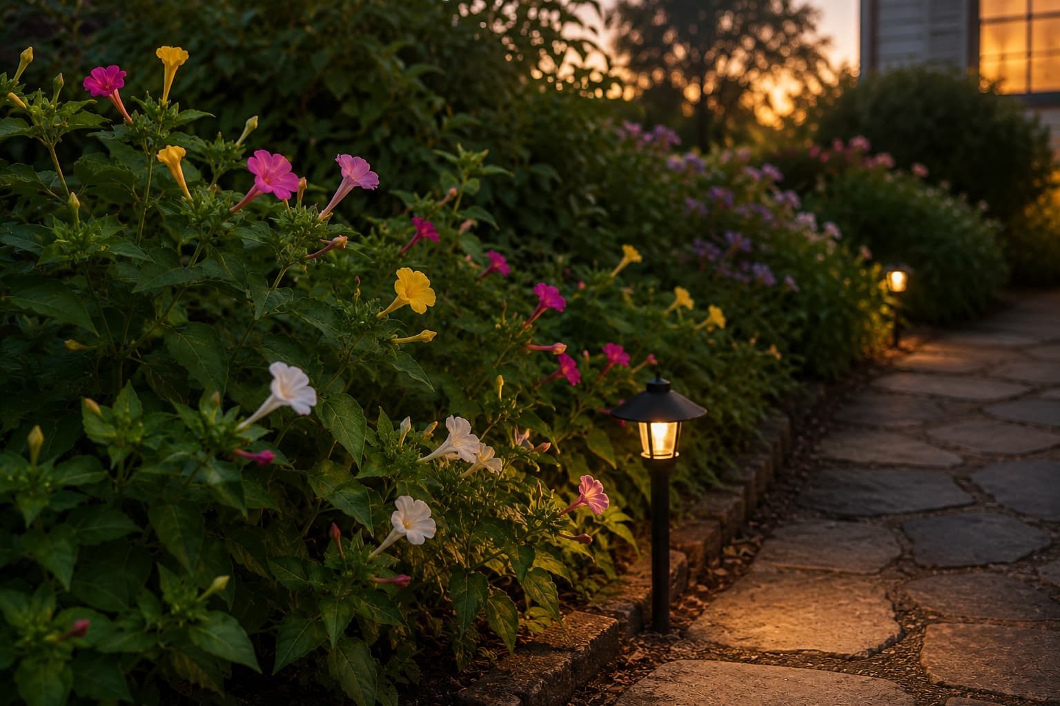 Illustration of a garden bed filled with pink, yellow, and white four o’clock flowers opening at dusk beside subtle path lighting.