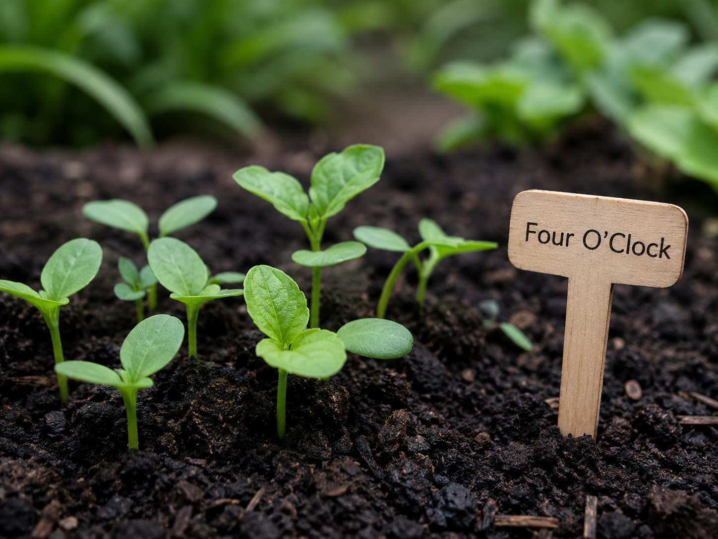 Illustration of young four o’clock seedlings with broad oval leaves emerging from dark spring soil beside a plant marker.