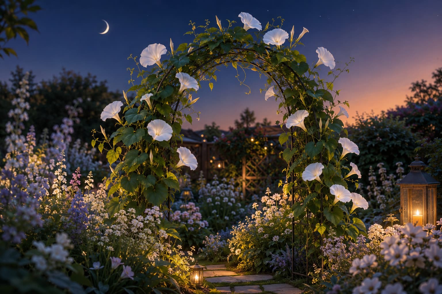 Illustration of a moon garden with moonflowers climbing an arch above pale evening flowers and subtle warm lighting.
