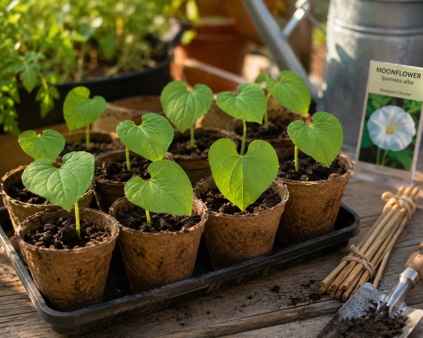 Moonflower seedlings with heart-shaped leaves growing in biodegradable pots on a wooden potting bench beside small bamboo supports.
