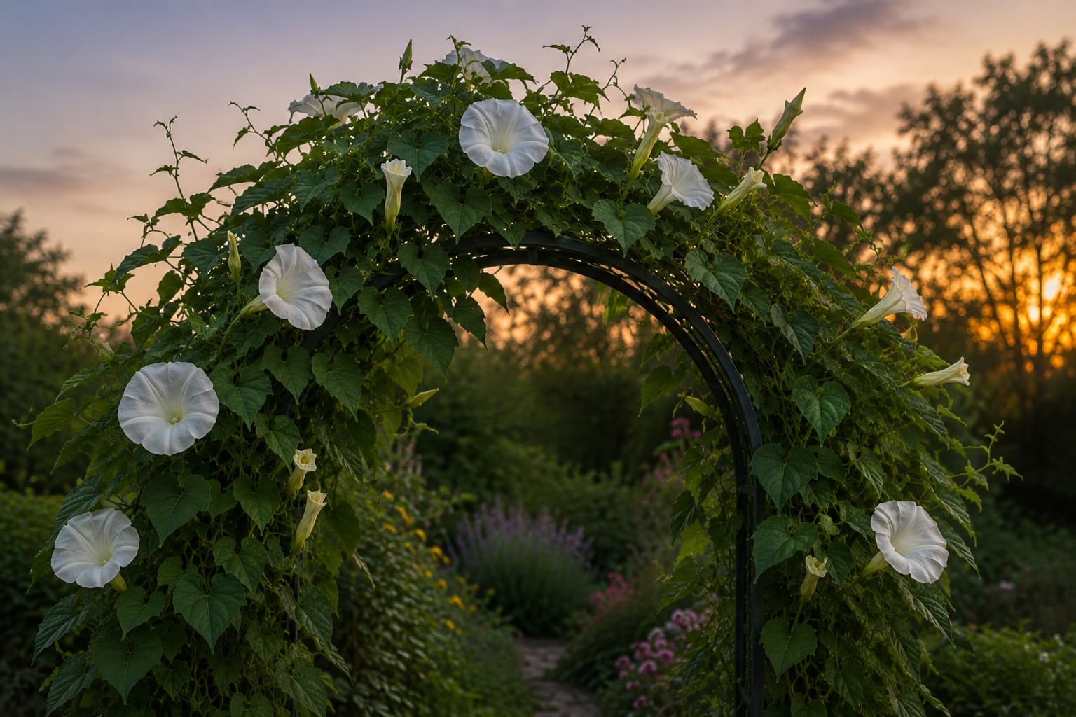 Illustration of a healthy moonflower vine climbing a garden arch with white open blooms and developing buds.