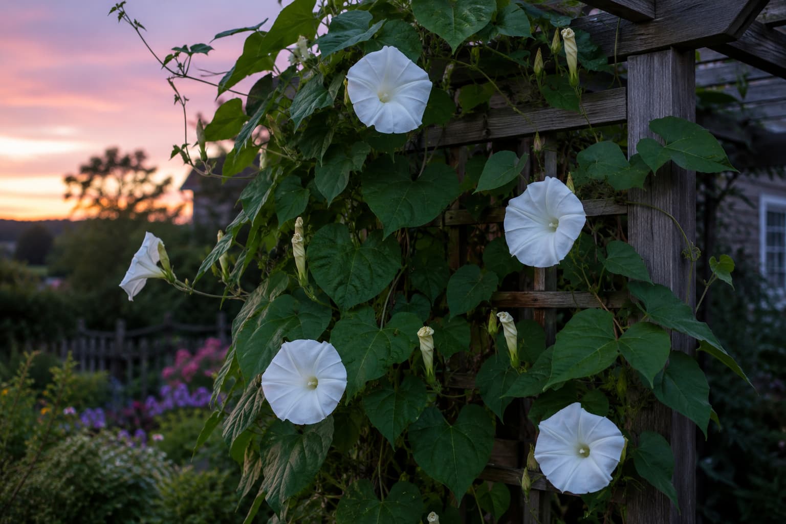 Illustration of a wooden trellis covered with moonflower vines and white blooms opening in soft evening light.