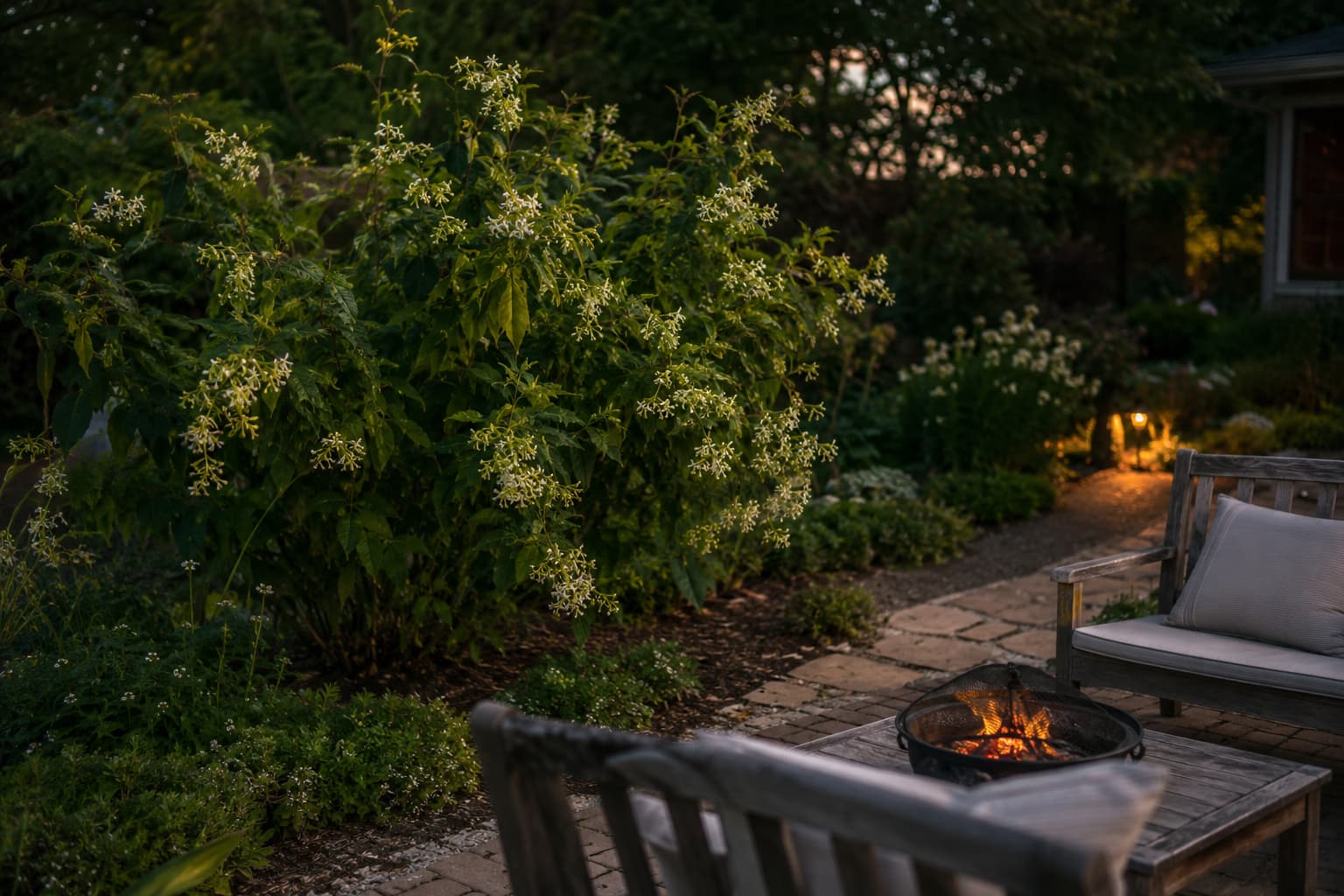 Night-blooming jasmine planted beyond an outdoor seating area so its fragrance reaches the patio more gently.
