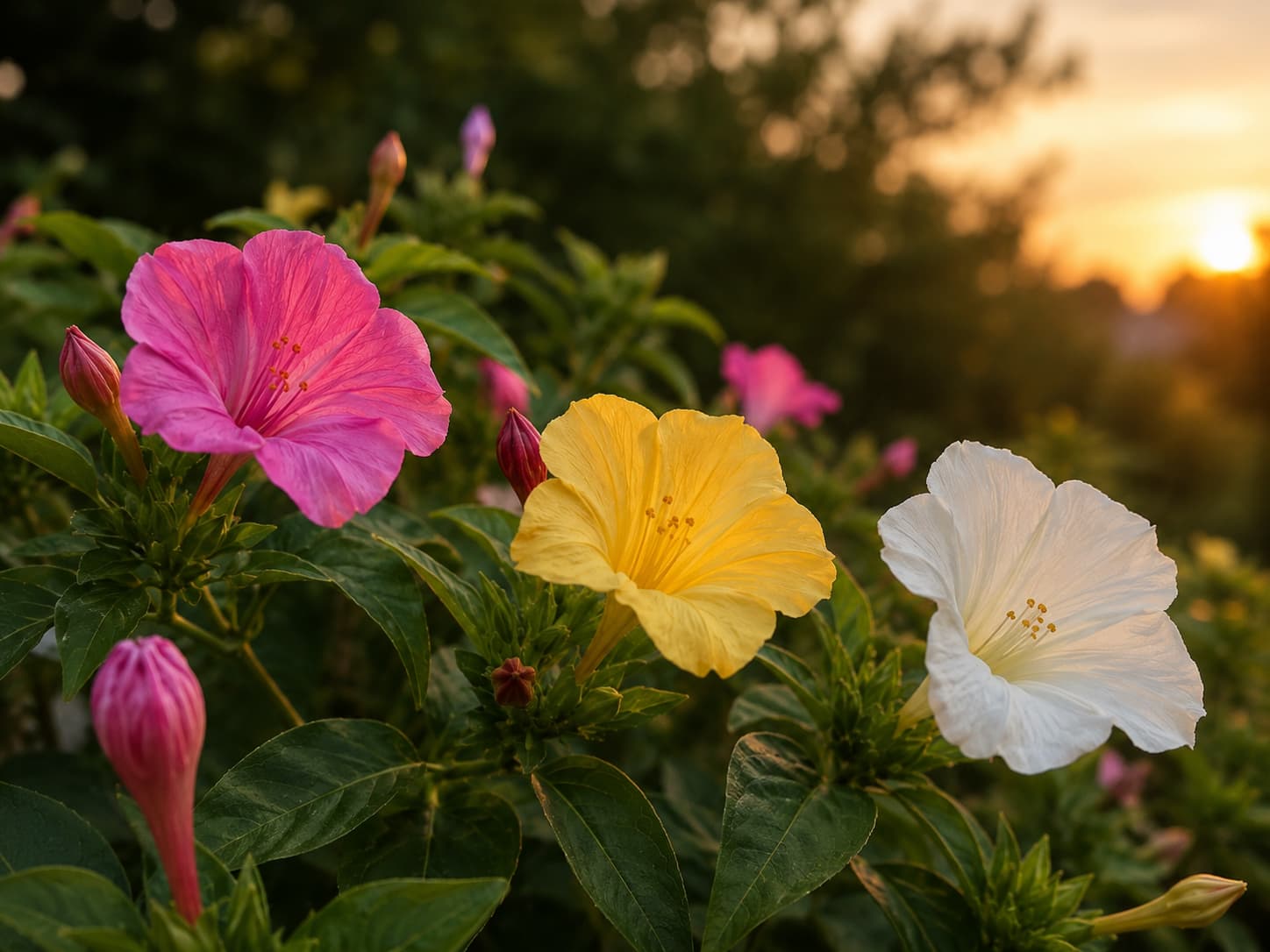 Illustration of pink, yellow, and white four o’clock flowers opening together in soft evening light above deep green foliage.