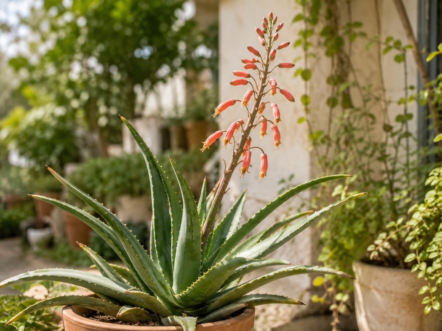 Mature potted aloe producing a tall coral flower stalk in a bright sunlit garden