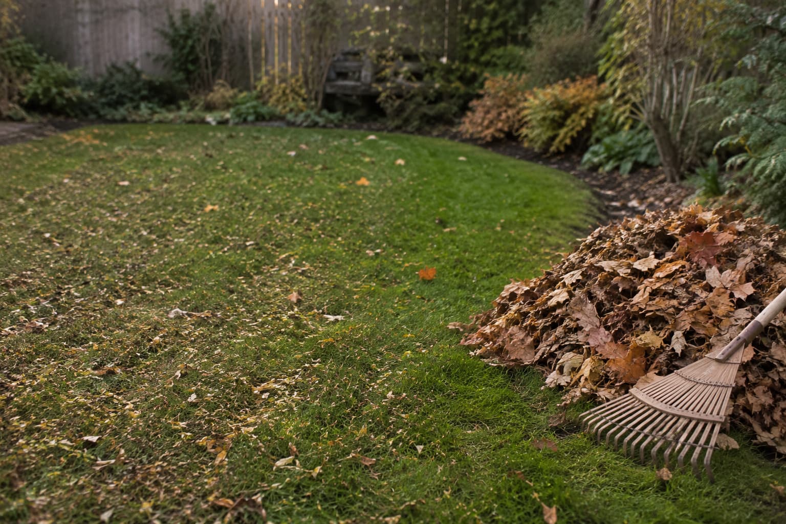 Shredded leaves spread across a lawn beside a raked pile of whole autumn leaves