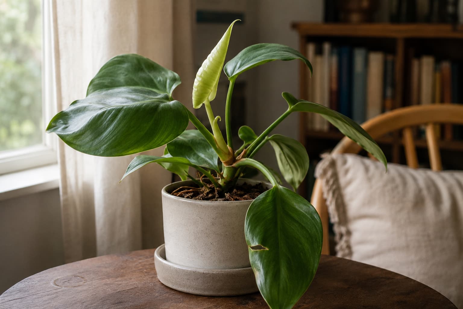 New philodendron leaf unfurling on a healthy indoor plant beside a softly lit window